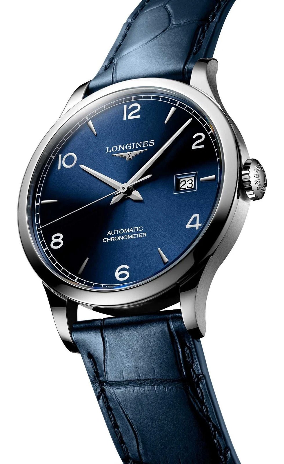 Longines Record Automatic COSC Stainless Steel Blue Dial Blue Leather Strap Date Mens Watch L2.821.4.96.4