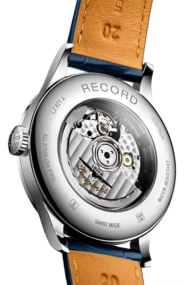 Longines Record Automatic COSC Stainless Steel Blue Dial Blue Leather Strap Date Mens Watch L2.821.4.96.4
