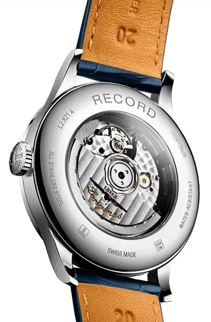 Longines Record Automatic COSC Stainless Steel Blue Dial Blue Leather Strap Date Mens Watch L2.821.4.96.4