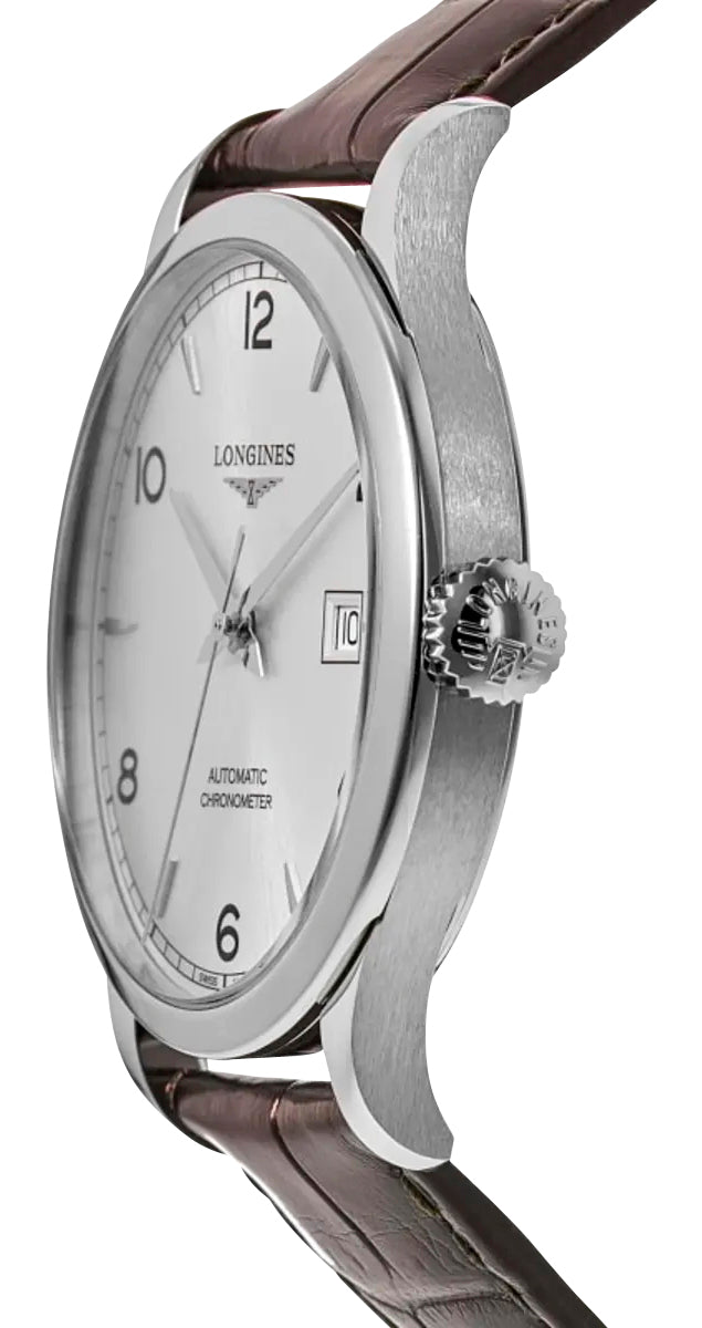 Longines Record Automatic COSC Stainless Steel Silver Dial Brown Leather Strap Date Mens Watch L2.821.4.76.2