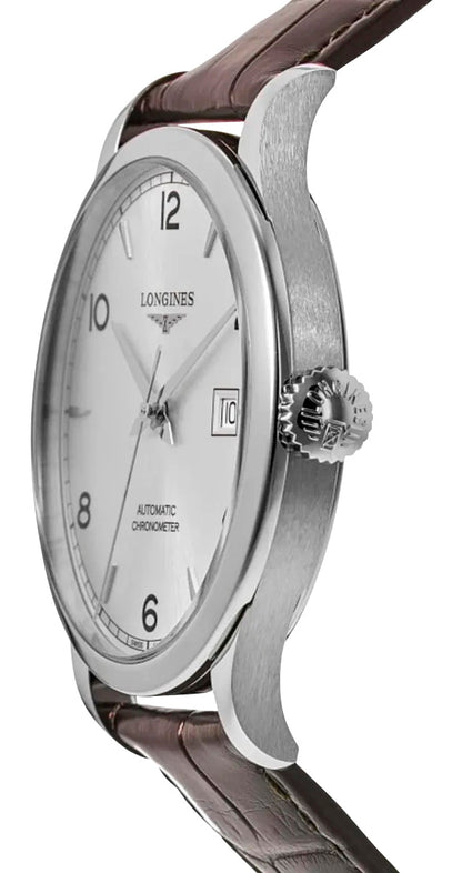 Longines Record Automatic COSC Stainless Steel Silver Dial Brown Leather Strap Date Mens Watch L2.821.4.76.2