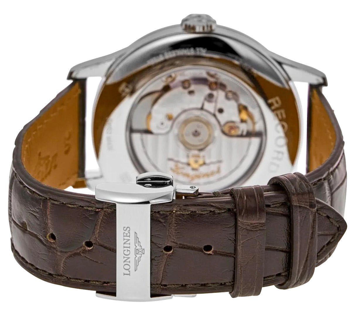 Longines Record Automatic COSC Stainless Steel Silver Dial Brown Leather Strap Date Mens Watch L2.821.4.76.2