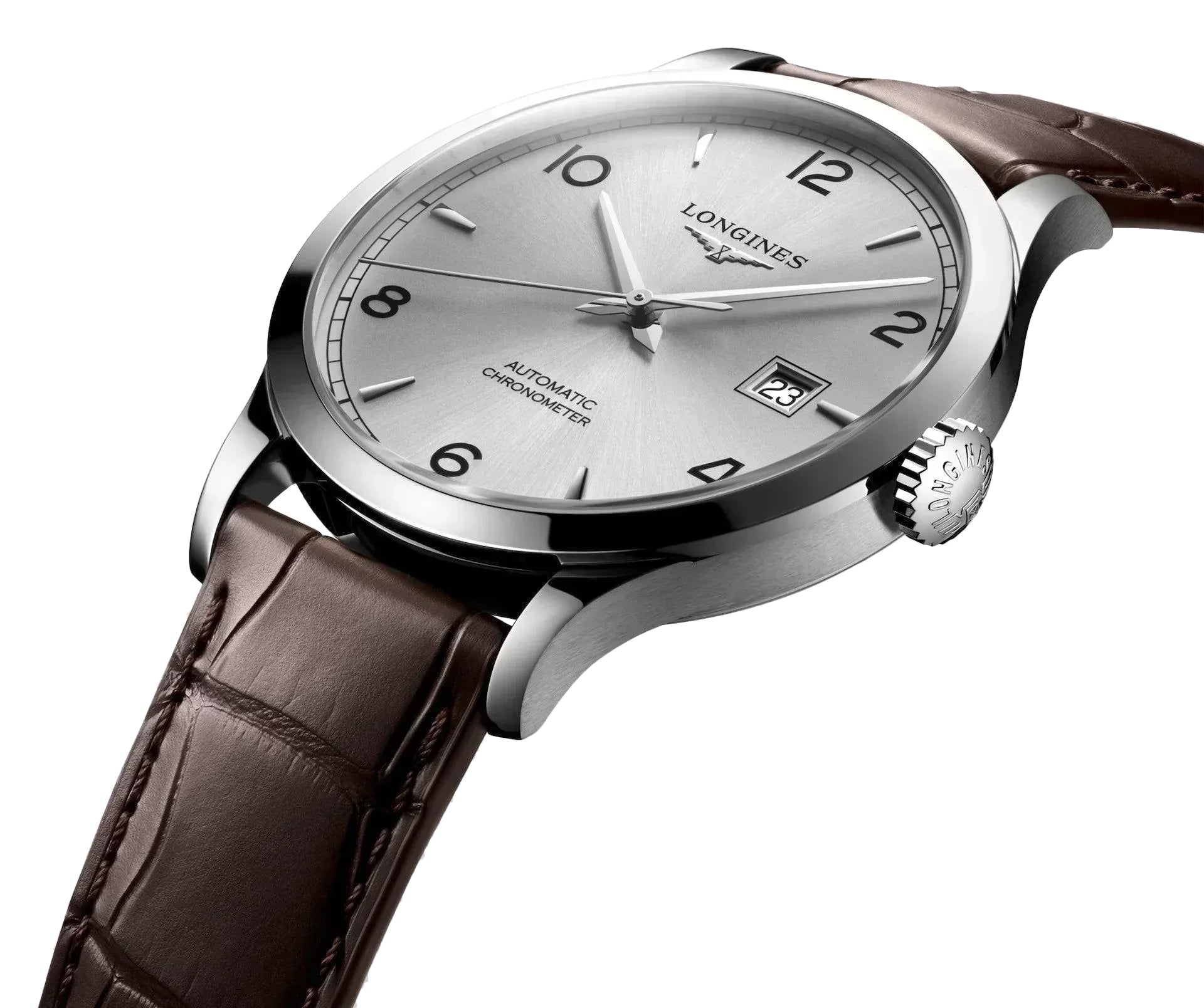 Longines Record Automatic COSC Stainless Steel Silver Dial Brown Leather Strap Date Mens Watch L2.821.4.76.2