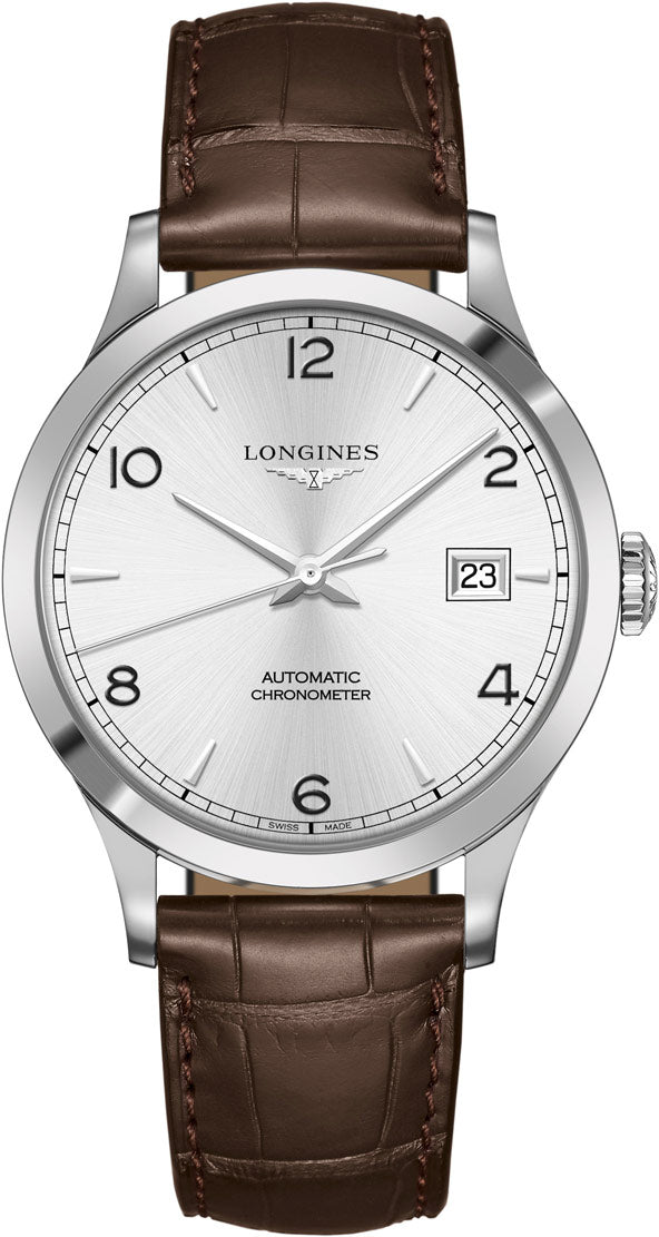 Longines Record Automatic COSC Stainless Steel Silver Dial Brown Leather Strap Date Mens Watch L2.821.4.76.2