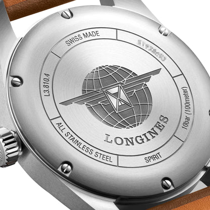 Longines Spirit Automatic Chronometer Stainless Steel Silver Dial Brown Leather Strap Date Mens Watch L3.810.4.73.2