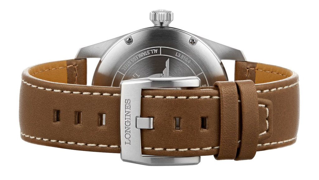 Longines Spirit Automatic Chronometer Stainless Steel Silver Dial Brown Leather Strap Date Mens Watch L3.810.4.73.2
