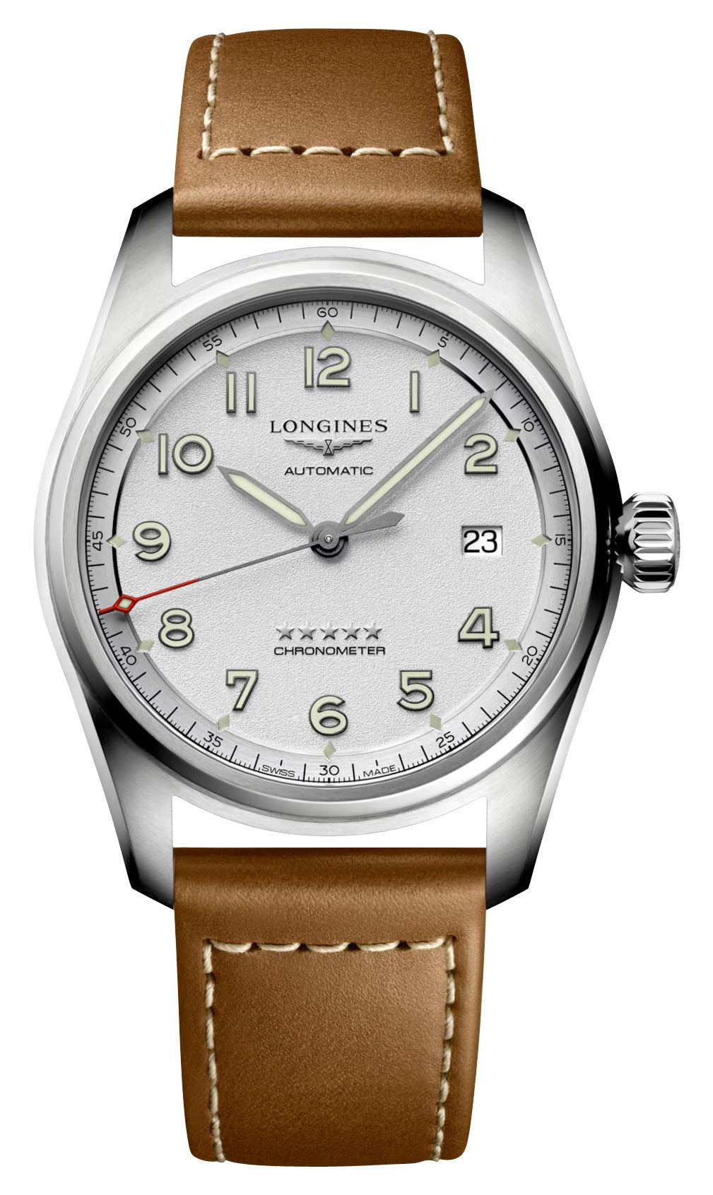 Longines Spirit Automatic Chronometer Stainless Steel Silver Dial Brown Leather Strap Date Mens Watch L3.810.4.73.2