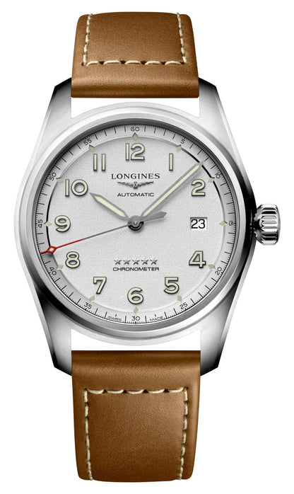 Longines Spirit Automatic Chronometer Stainless Steel Silver Dial Brown Leather Strap Date Mens Watch L3.810.4.73.2