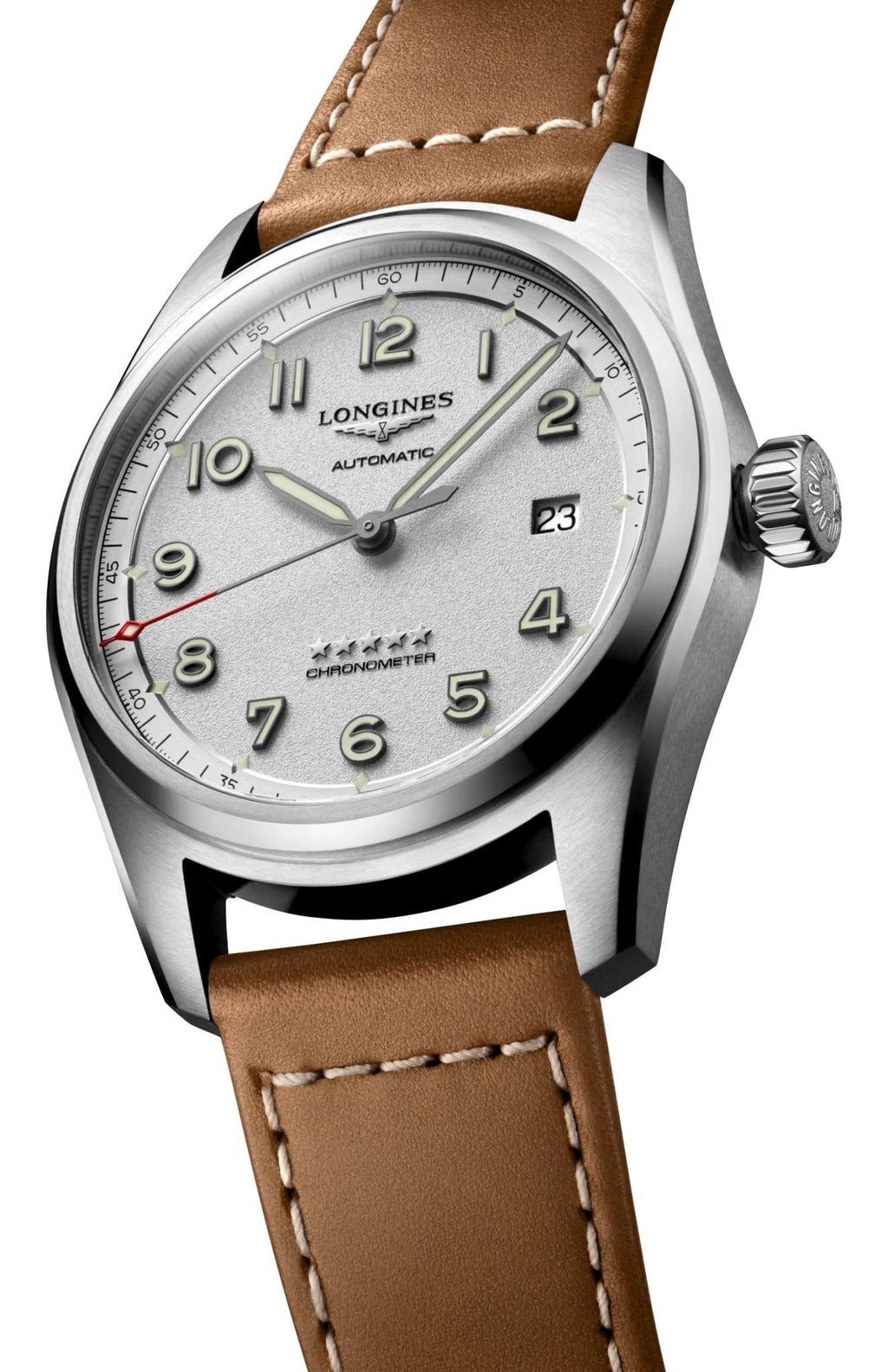 Longines Spirit Automatic Chronometer Stainless Steel Silver Dial Brown Leather Strap Date Mens Watch L3.810.4.73.2