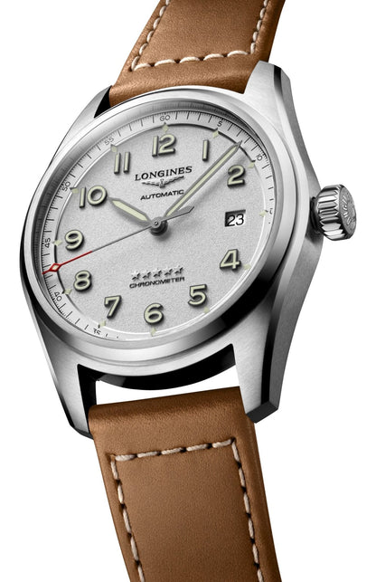 Longines Spirit Automatic Chronometer Stainless Steel Silver Dial Brown Leather Strap Date Mens Watch L3.810.4.73.2