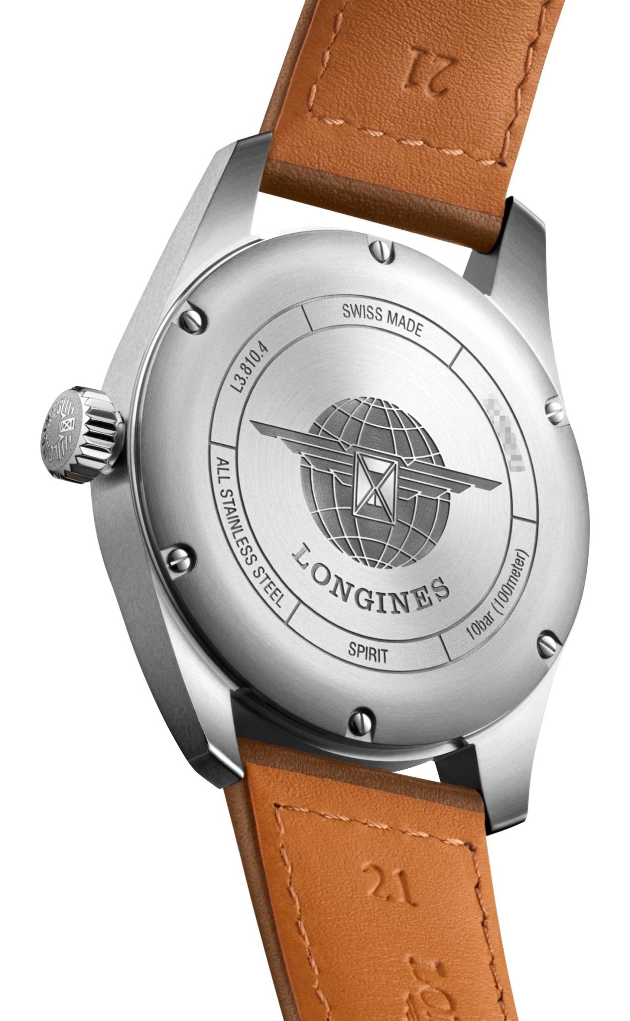 Longines Spirit Automatic Chronometer Stainless Steel Silver Dial Brown Leather Strap Date Mens Watch L3.810.4.73.2