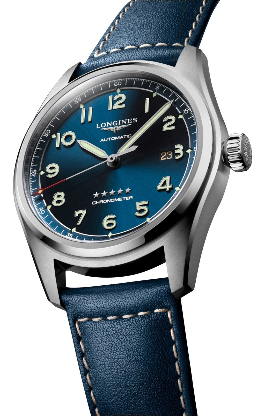 Longines Spirit Automatic COSC Stainless Steel Blue Dial Blue Leather Strap Date Mens Watch L3.811.4.93.0