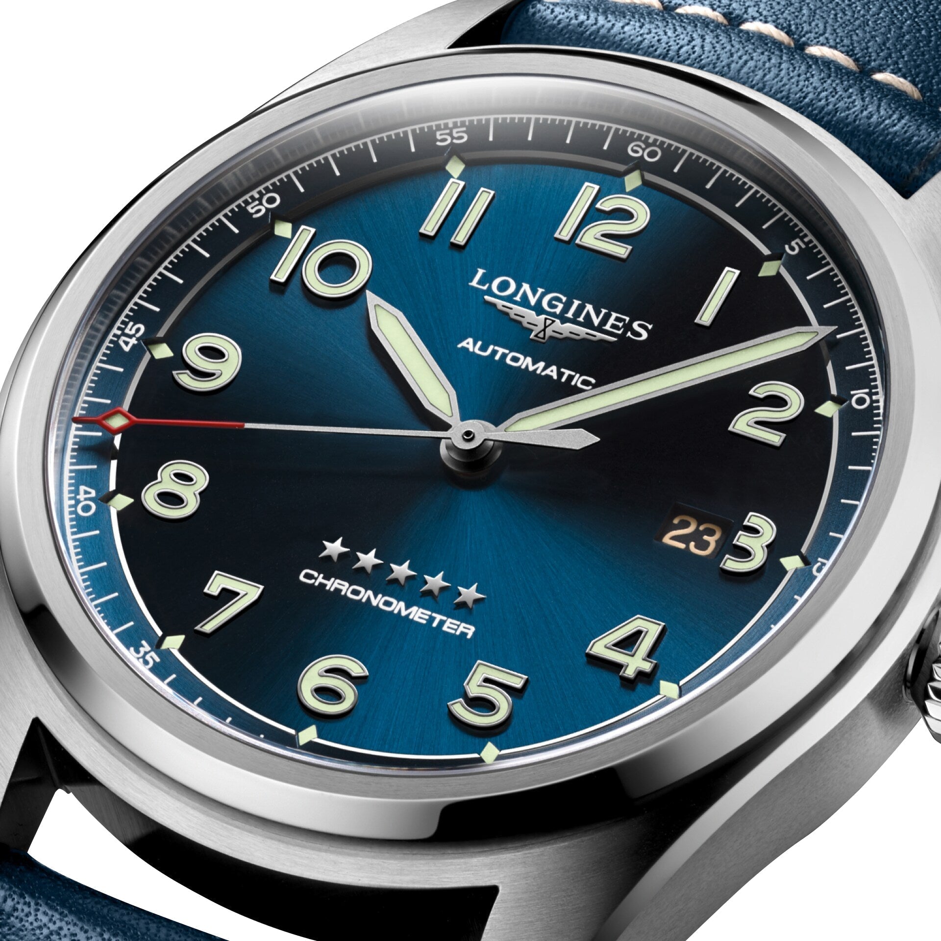Longines Spirit Automatic COSC Stainless Steel Blue Dial Blue Leather Strap Date Mens Watch L3.811.4.93.0