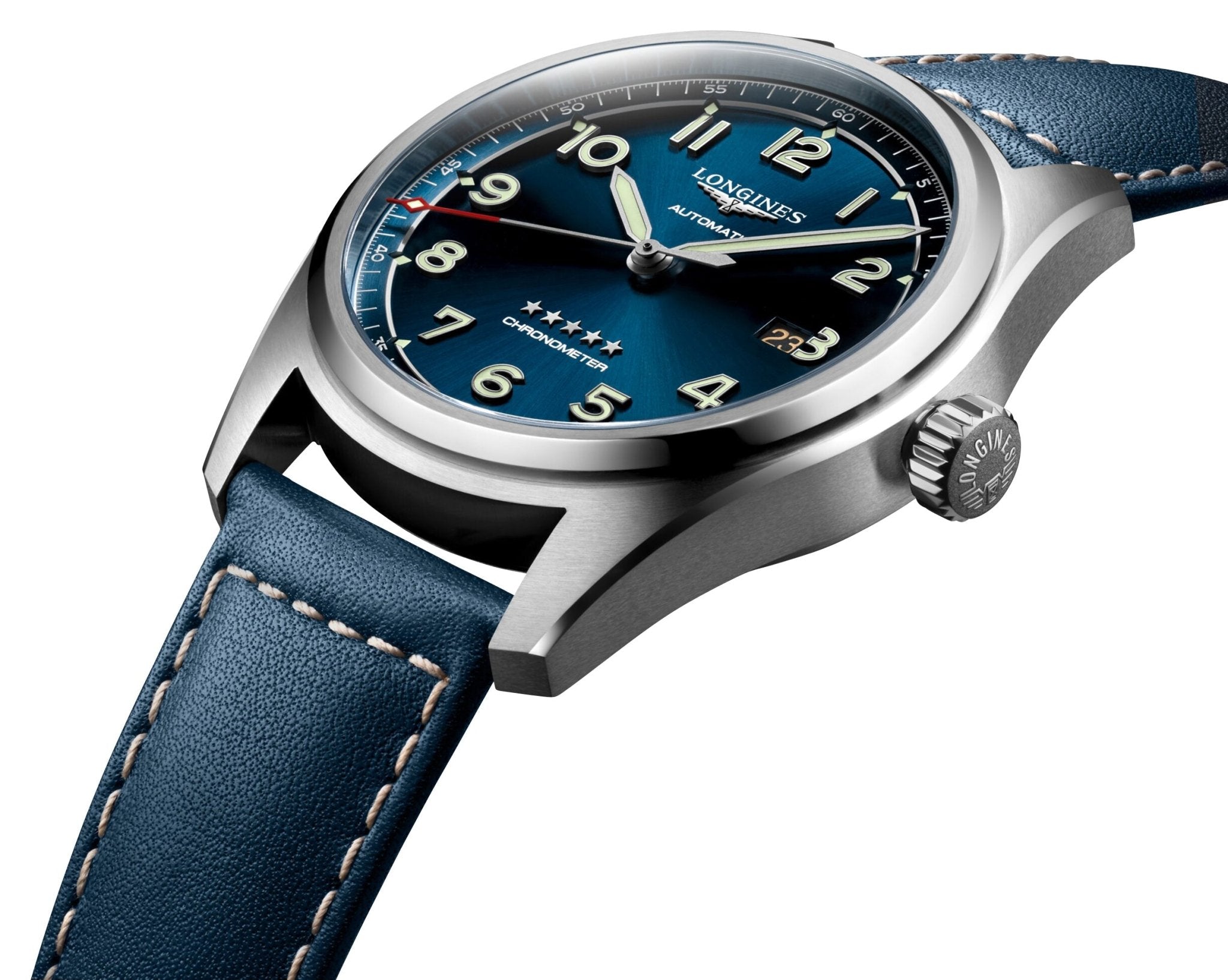Longines Spirit Automatic COSC Stainless Steel Blue Dial Blue Leather Strap Date Mens Watch L3.811.4.93.0