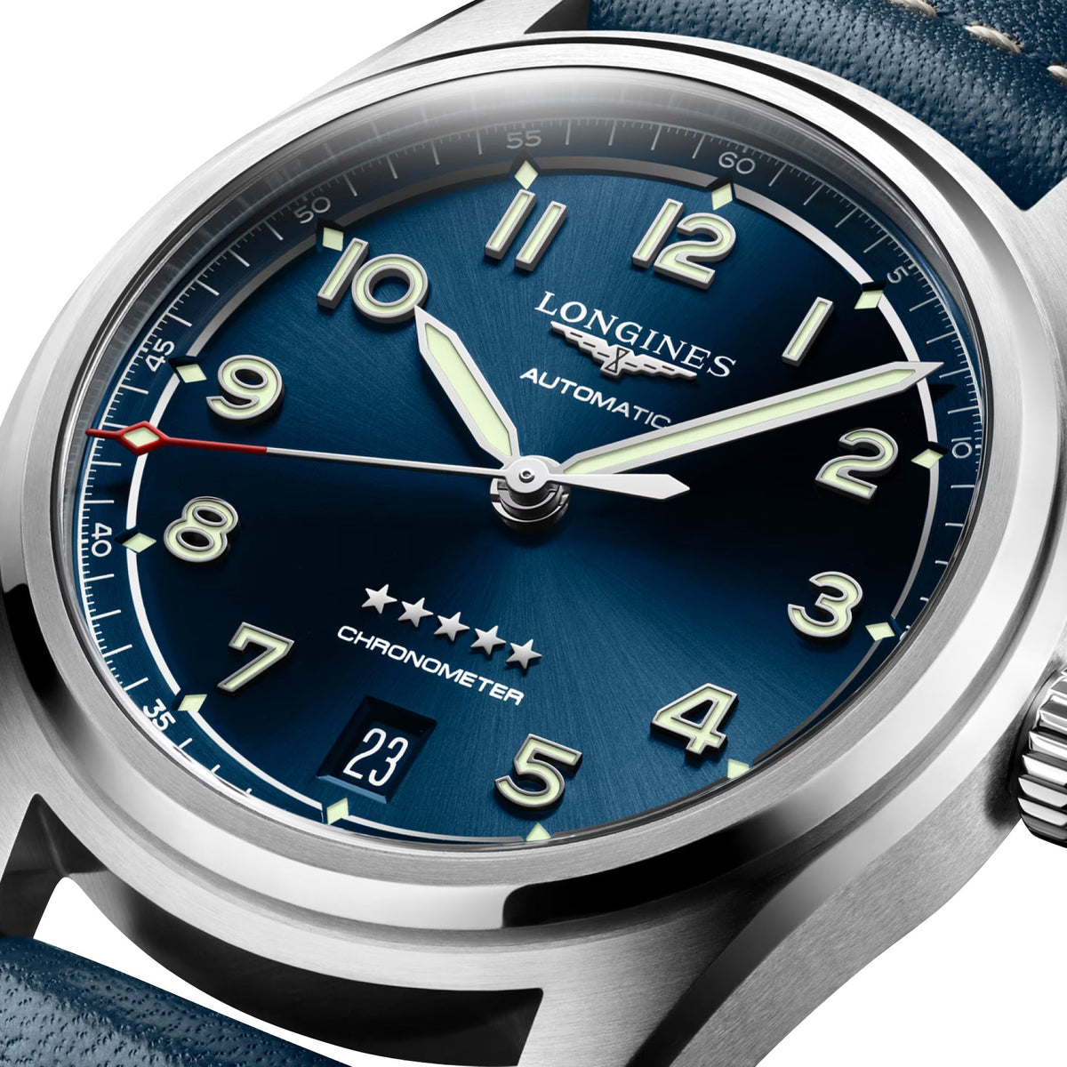 Longines Spirit Automatic COSC Stainless Steel Blue Dial Blue Leather Strap Date Unisex Watch L3.410.4.93.0