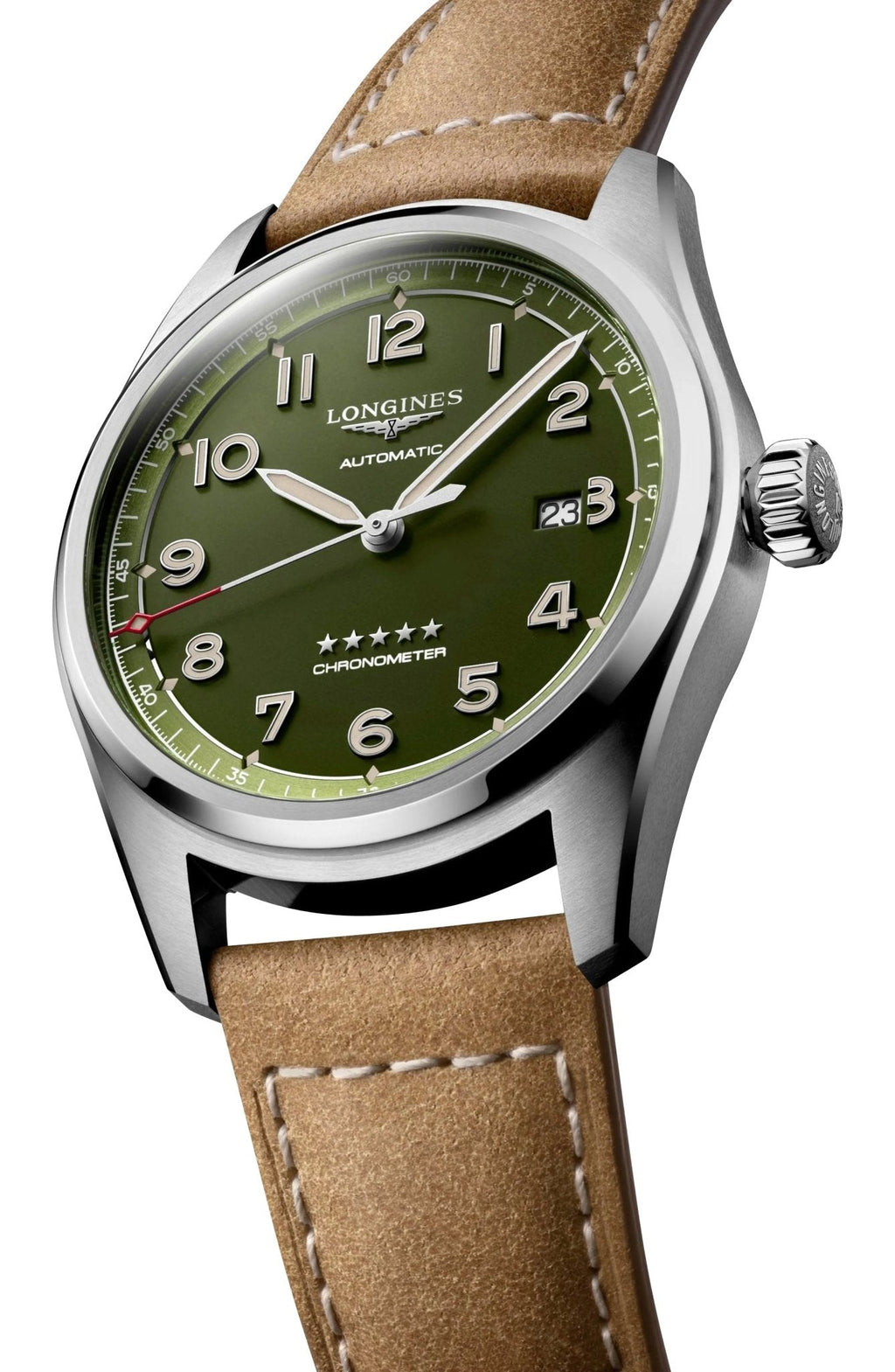 Longines Spirit Automatic COSC Stainless Steel Green Dial Brown Leather Strap Date Mens Watch L3.811.4.03.2