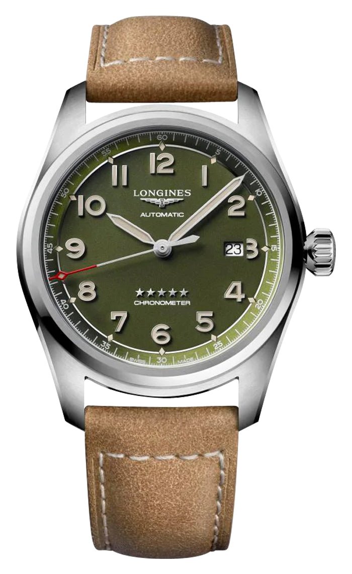 Longines Spirit Automatic COSC Stainless Steel Green Dial Brown Leather Strap Date Mens Watch L3.811.4.03.2