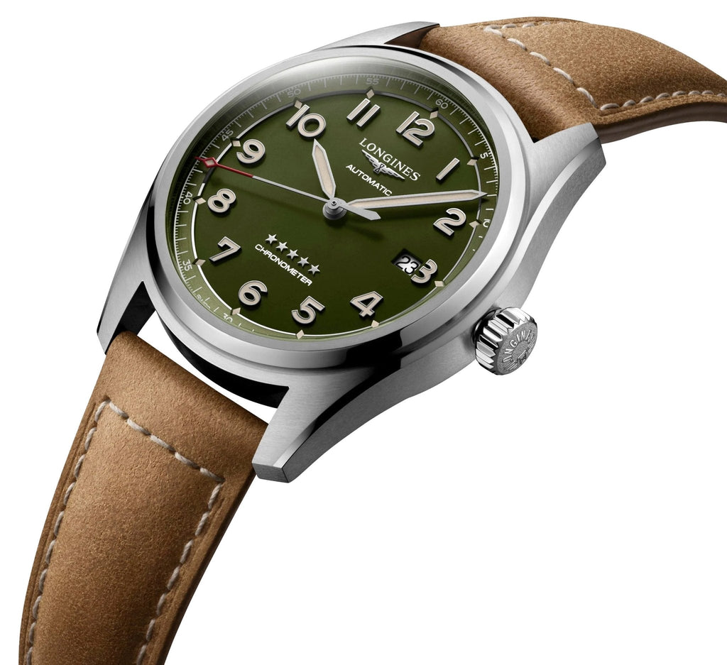 Longines Spirit Automatic COSC Stainless Steel Green Dial Brown Leather Strap Date Mens Watch L3.811.4.03.2