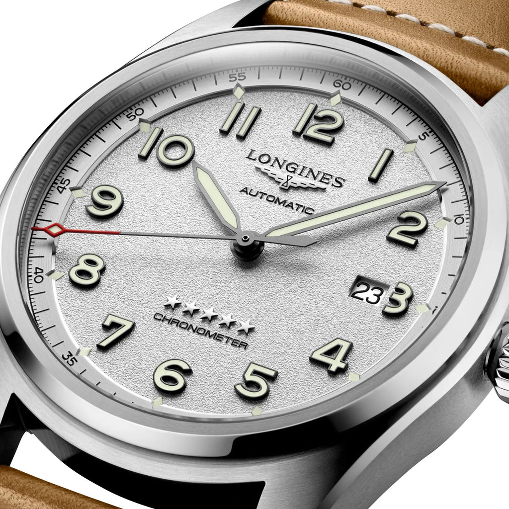 Longines Spirit Automatic COSC Stainless Steel Silver Dial Brown Leather Strap Date Mens Watch L3.811.4.73.2