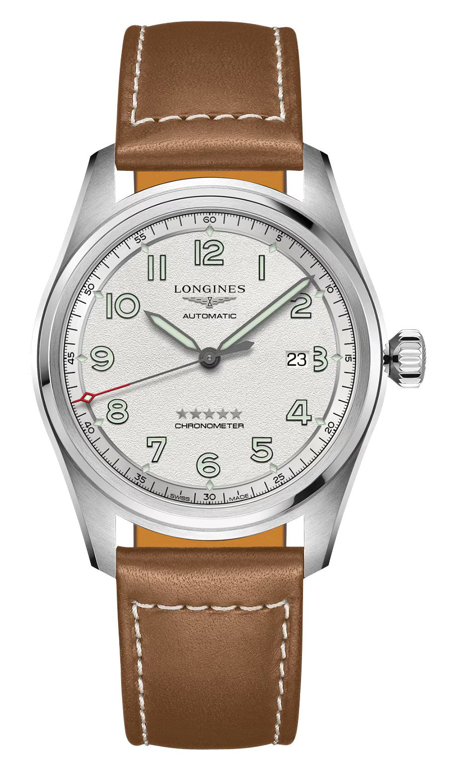 Longines Spirit Automatic COSC Stainless Steel Silver Dial Brown Leather Strap Date Mens Watch L3.811.4.73.2