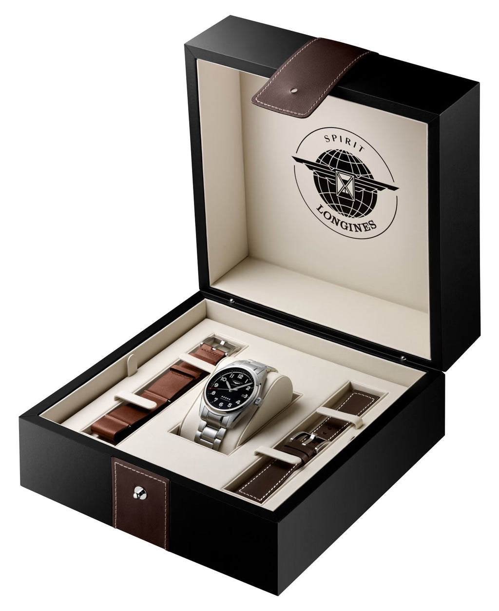 Longines Spirit Prestige Edition Automatic COSC Stainless Steel Black Dial Interchangeable Brown Leather/NATO Strap Date Mens Watch L3.811.4.53.9