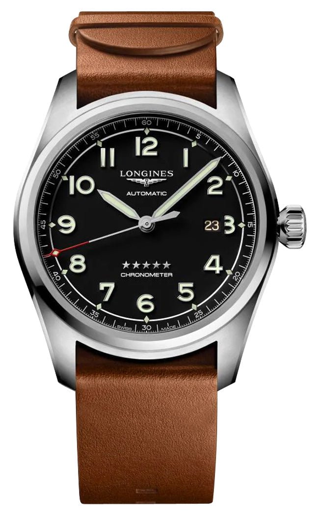 Longines Spirit Prestige Edition Automatic COSC Stainless Steel Black Dial Interchangeable Brown Leather/NATO Strap Date Mens Watch L3.811.4.53.9
