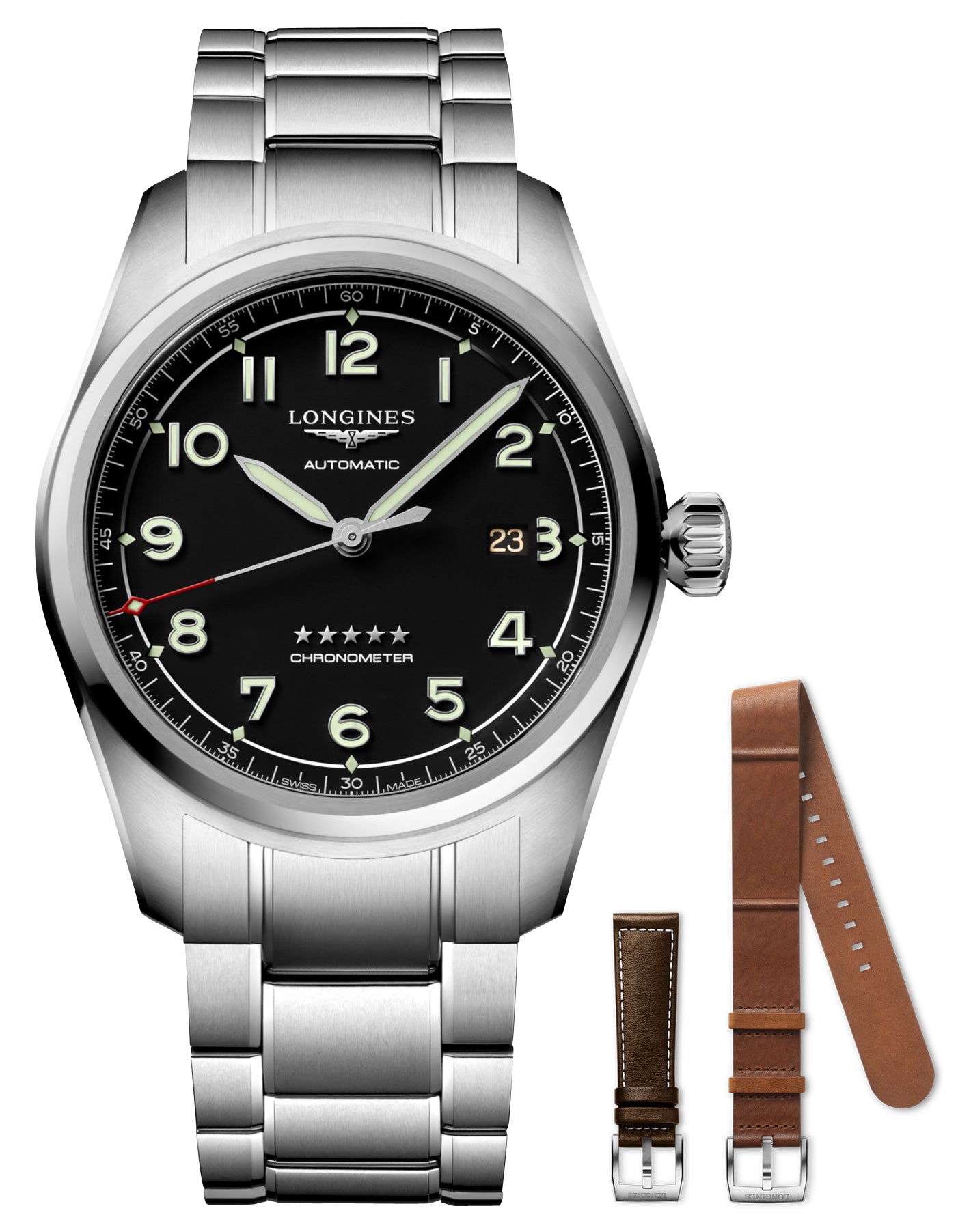 Longines Spirit Prestige Edition Automatic COSC Stainless Steel Black Dial Interchangeable Brown Leather/NATO Strap Date Mens Watch L3.811.4.53.9