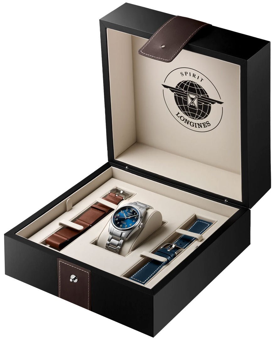Longines Spirit Prestige Edition Automatic COSC Stainless Steel Blue Dial Interchangeable Blue/Brown Leather Strap Date Mens Watch L3.810.4.93.9