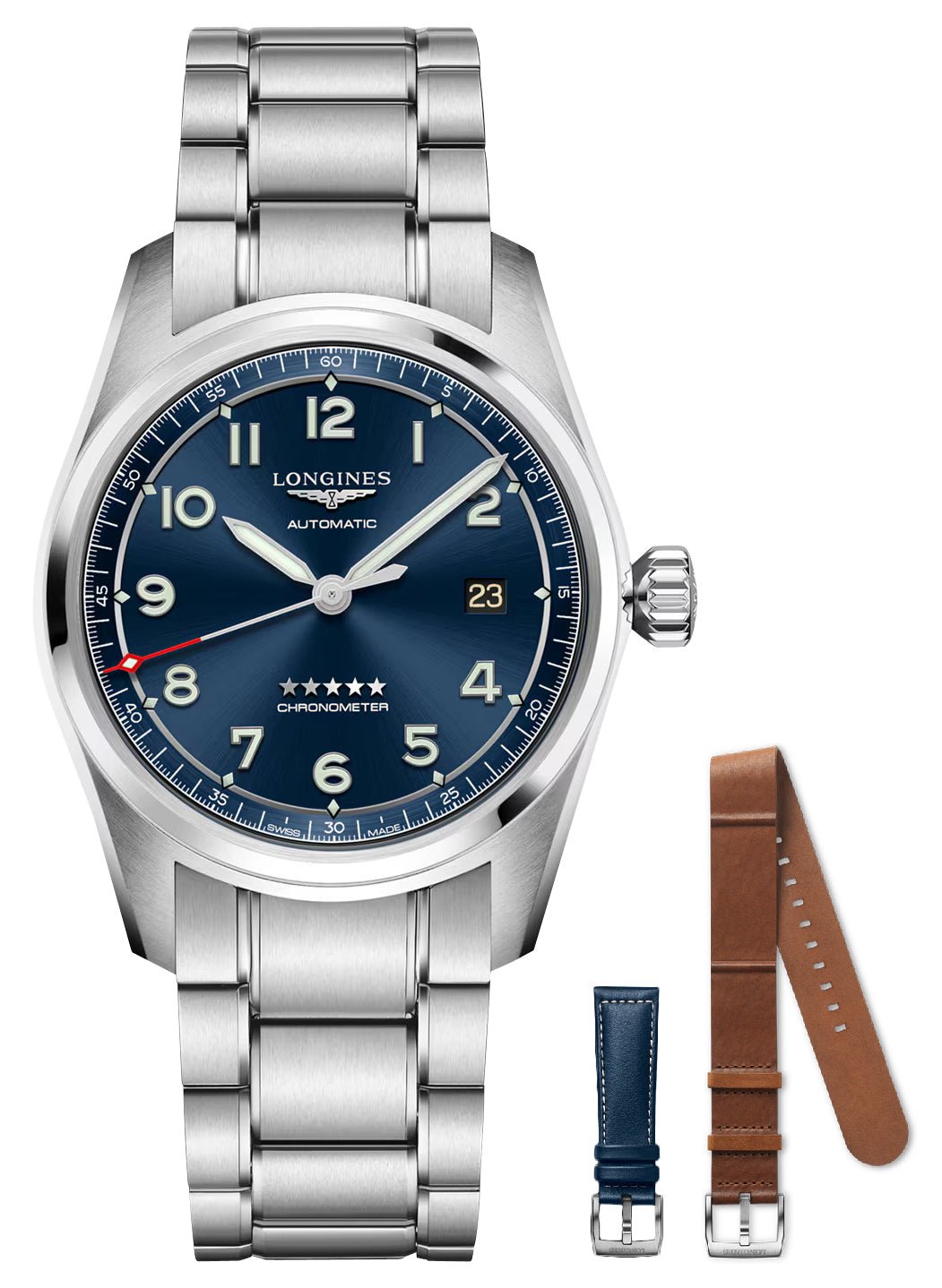 Longines Spirit Prestige Edition Automatic COSC Stainless Steel Blue Dial Interchangeable Blue/Brown Leather Strap Date Mens Watch L3.810.4.93.9