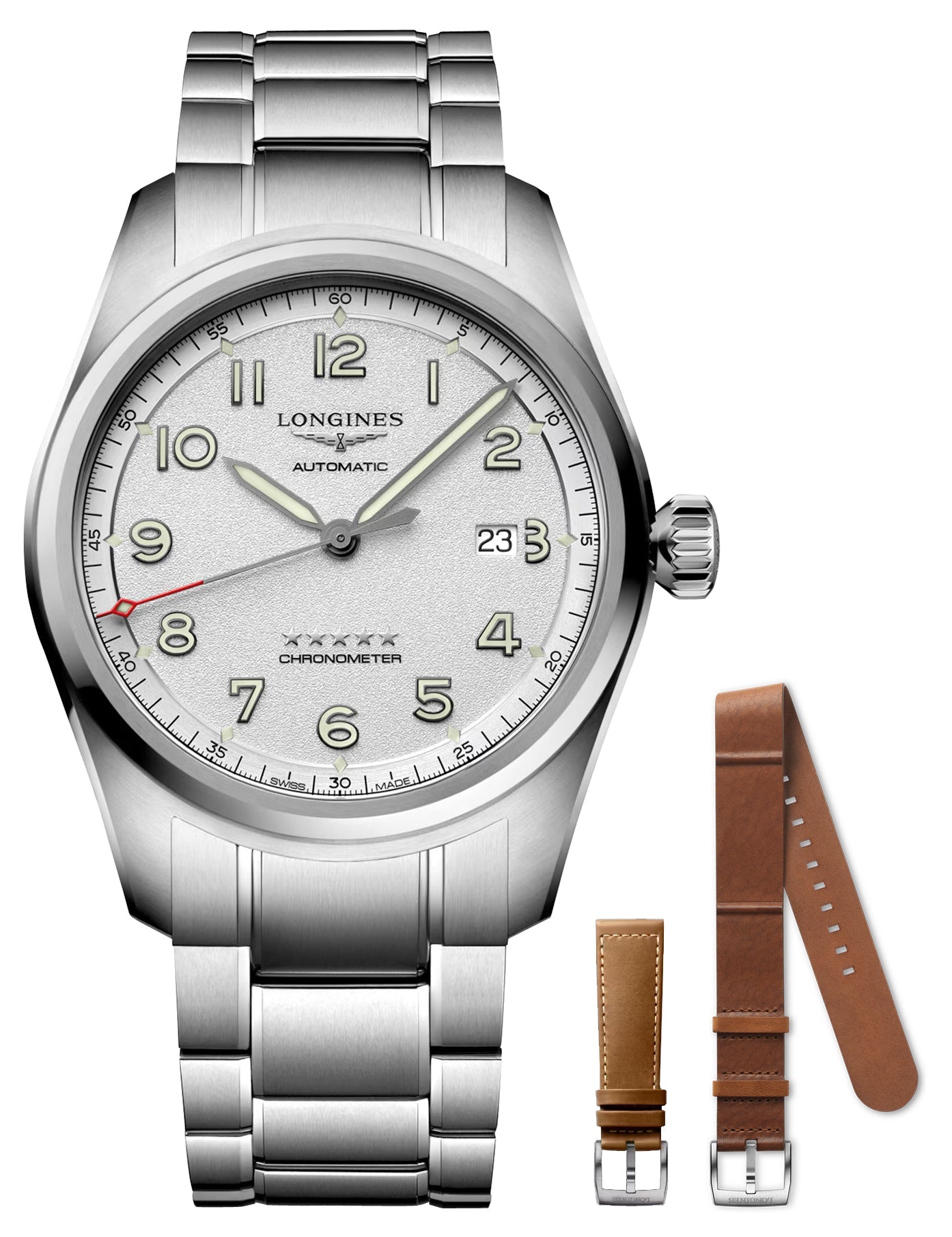 Longines Spirit Prestige Edition Automatic COSC Stainless Steel Silver Dial Interchangeable Brown Leather/NATO Strap Date Mens Watch L3.811.4.73.9