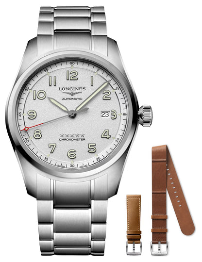 Longines Spirit Prestige Edition Automatic COSC Stainless Steel Silver Dial Interchangeable Brown Leather/NATO Strap Date Mens Watch L3.811.4.73.9