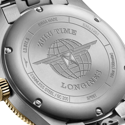 Longines Spirit Zulu Time Automatic GMT Chronometer Stainless Steel & 18K Yellow Gold Gray Dial Date Mens Watch L3.812.5.53.6