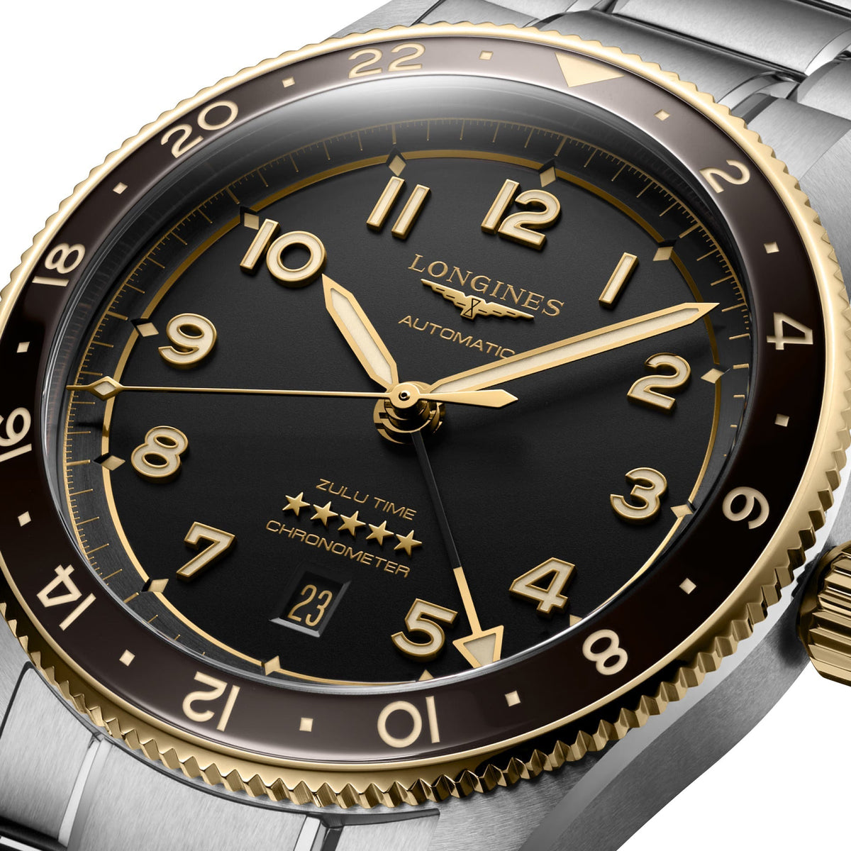 Longines Spirit Zulu Time Automatic GMT Chronometer Stainless Steel & 18K Yellow Gold Gray Dial Date Mens Watch L3.812.5.53.6