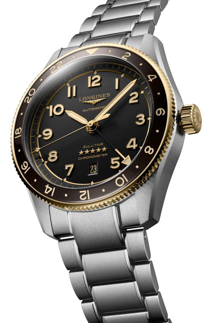 Longines Spirit Zulu Time Automatic GMT Chronometer Stainless Steel & 18K Yellow Gold Gray Dial Date Mens Watch L3.812.5.53.6