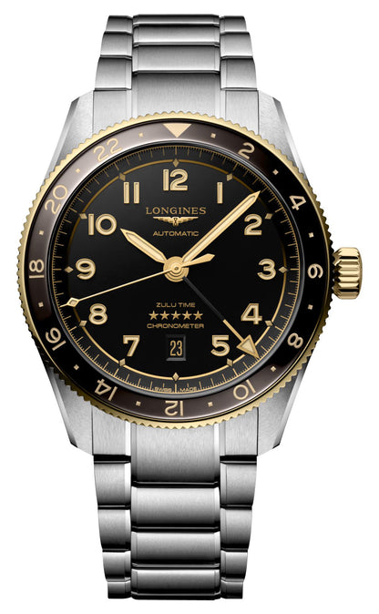 Longines Spirit Zulu Time Automatic GMT Chronometer Stainless Steel & 18K Yellow Gold Gray Dial Date Mens Watch L3.812.5.53.6