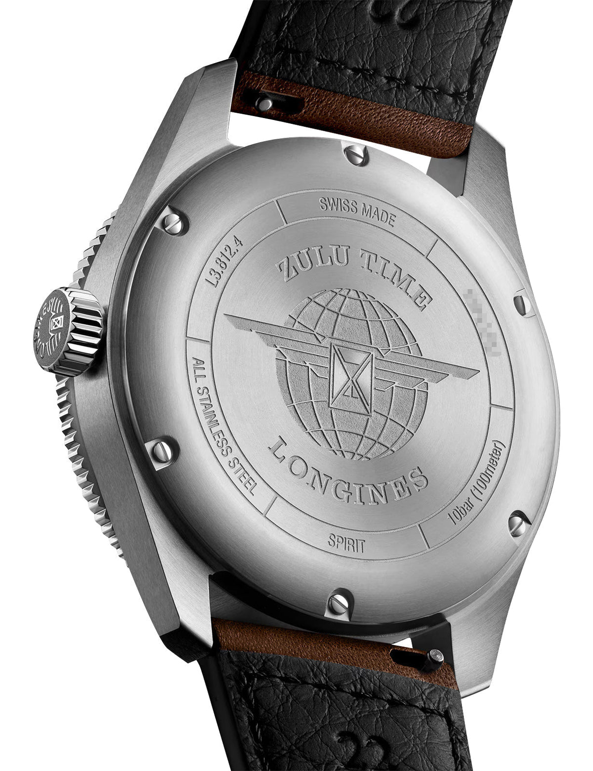 Longines Spirit Zulu Time Automatic GMT Chronometer Stainless Steel Black Dial Brown Leather Strap Date Mens Watch L3.812.4.53.2