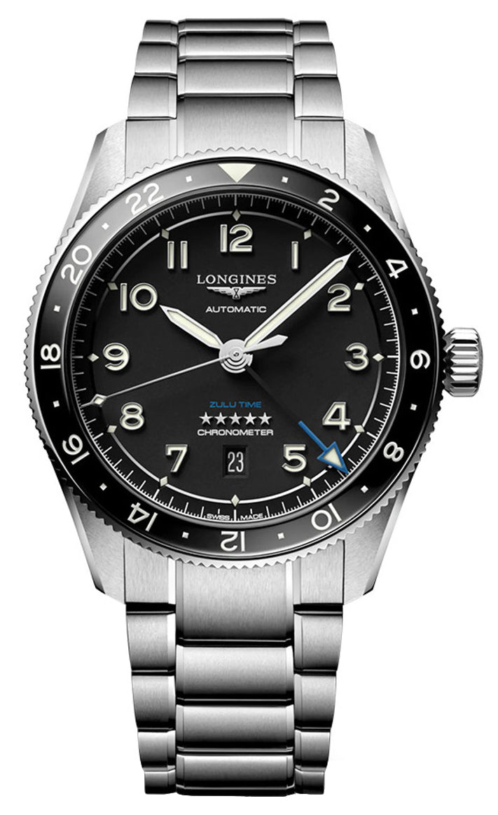 Longines Spirit Zulu Time Automatic GMT Chronometer Stainless Steel Black Dial Date Mens Watch L3.812.4.53.6