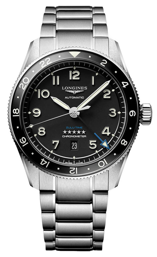 Longines Spirit Zulu Time Automatic GMT Chronometer Stainless Steel Black Dial Date Mens Watch L3.812.4.53.6