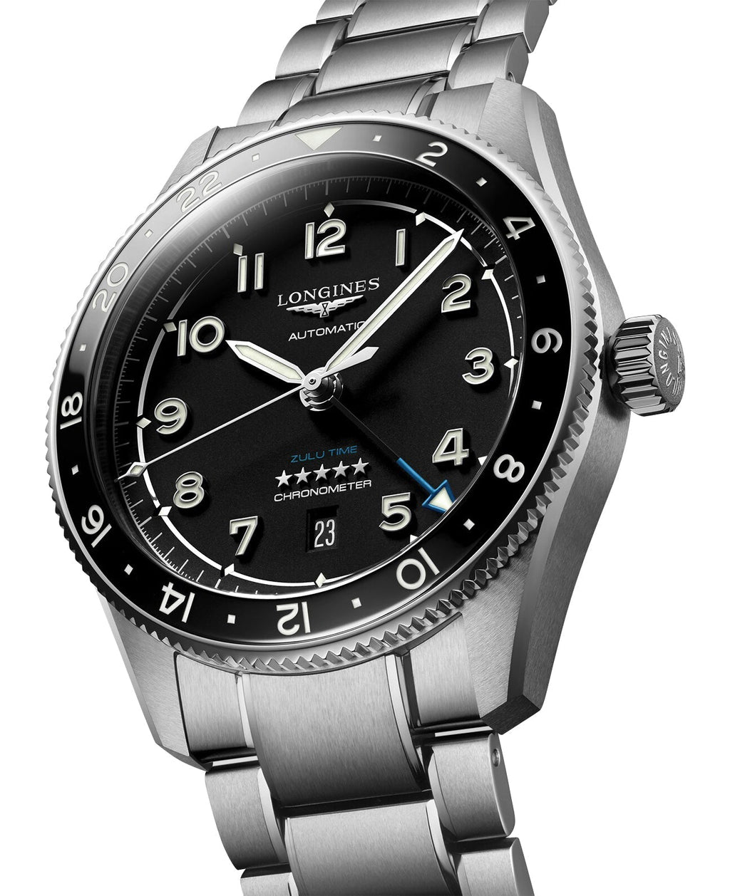Longines Spirit Zulu Time Automatic GMT Chronometer Stainless Steel Black Dial Date Mens Watch L3.812.4.53.6