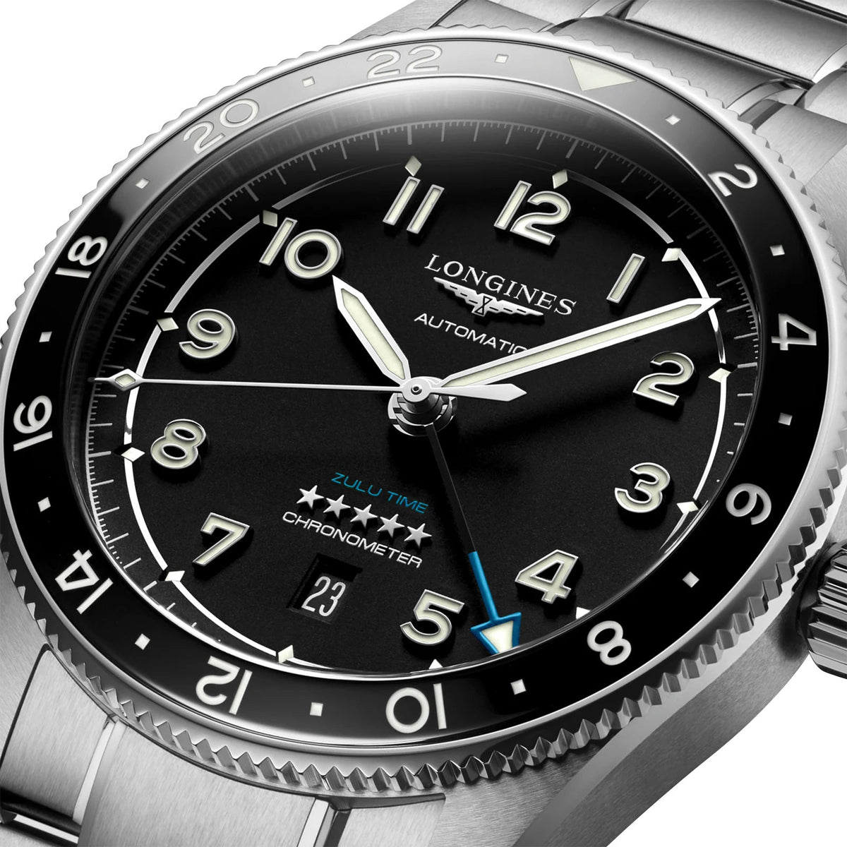 Longines Spirit Zulu Time Automatic GMT Chronometer Stainless Steel Black Dial Date Mens Watch L3.812.4.53.6