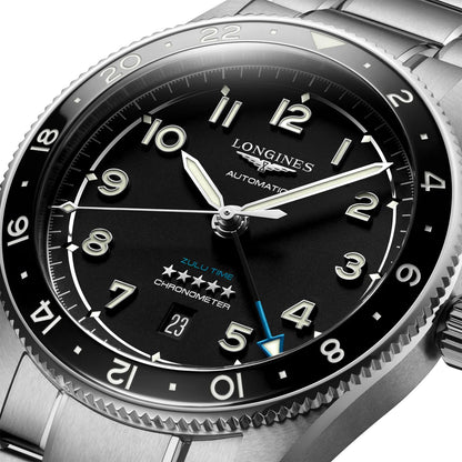 Longines Spirit Zulu Time Automatic GMT Chronometer Stainless Steel Black Dial Date Mens Watch L3.812.4.53.6