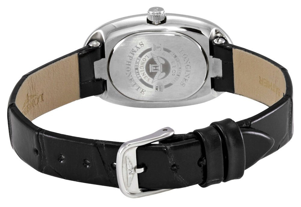 Longines Symphonette Stainless Steel Mother-of-Pearl Dial Black Leather Strap Diamonds Quartz Womens Watch L2.306.4.87.0