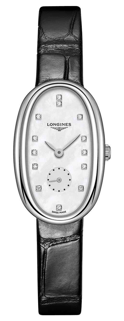 Longines Symphonette Stainless Steel Mother-of-Pearl Dial Black Leather Strap Diamonds Quartz Womens Watch L2.306.4.87.0