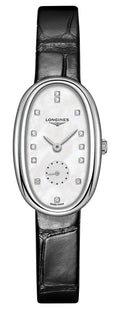 Longines Symphonette Stainless Steel Mother-of-Pearl Dial Black Leather Strap Diamonds Quartz Womens Watch L2.306.4.87.0