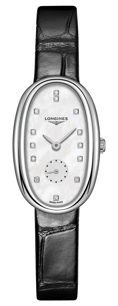 Longines Symphonette Stainless Steel Mother-of-Pearl Dial Black Leather Strap Diamonds Quartz Womens Watch L2.306.4.87.0