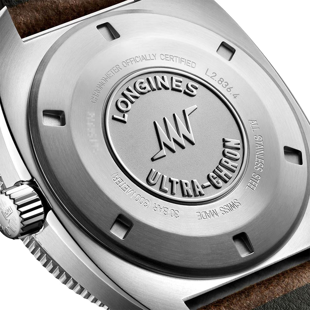Longines Ultra-Chron Box Edition Automatic Chronometer Stainless Steel Black Dial Brown Leather Interchangeable Black/Red Nylon Strap Divers Mens Watch L2.836.4.52.8