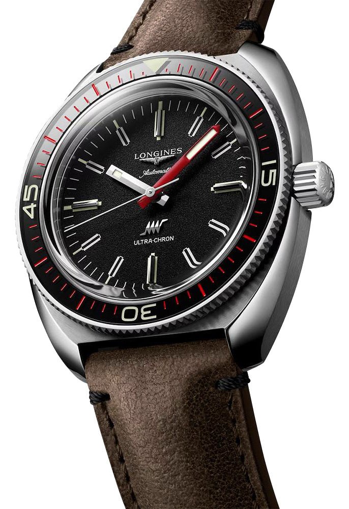 Longines Ultra-Chron Box Edition Automatic Chronometer Stainless Steel Black Dial Brown Leather Interchangeable Black/Red Nylon Strap Divers Mens Watch L2.836.4.52.8