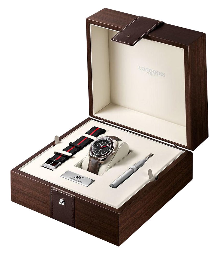 Longines Ultra-Chron Box Edition Automatic Chronometer Stainless Steel Black Dial Brown Leather Interchangeable Black/Red Nylon Strap Divers Mens Watch L2.836.4.52.8
