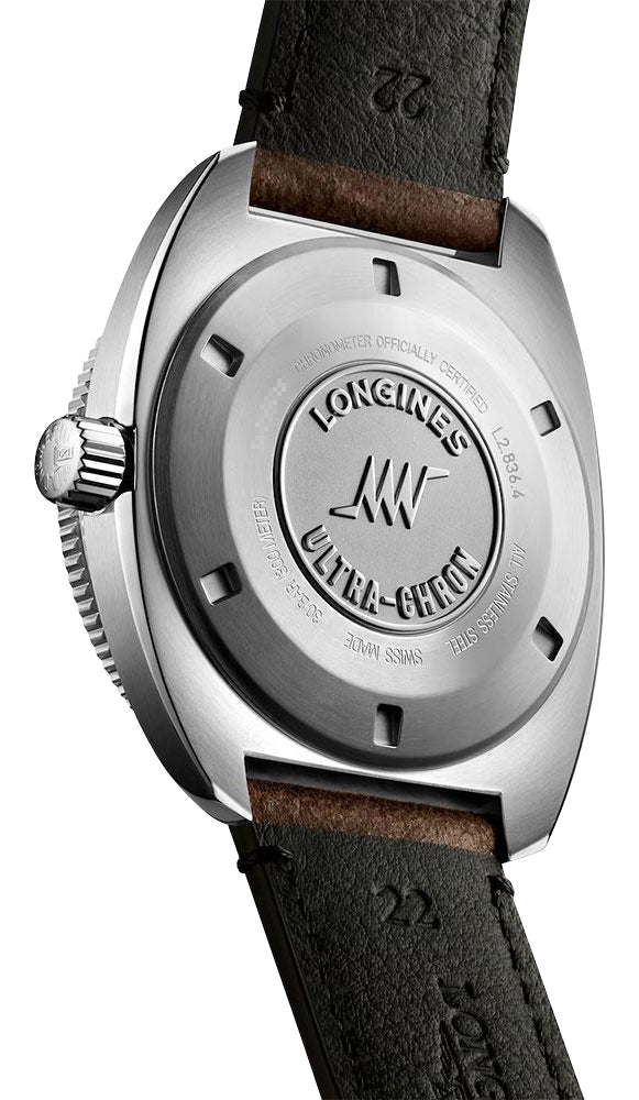 Longines Ultra-Chron Box Edition Automatic Chronometer Stainless Steel Black Dial Brown Leather Interchangeable Black/Red Nylon Strap Divers Mens Watch L2.836.4.52.8