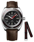 Longines Ultra-Chron Box Edition Automatic Chronometer Stainless Steel Black Dial Brown Leather Interchangeable Black/Red Nylon Strap Divers Mens Watch L2.836.4.52.8